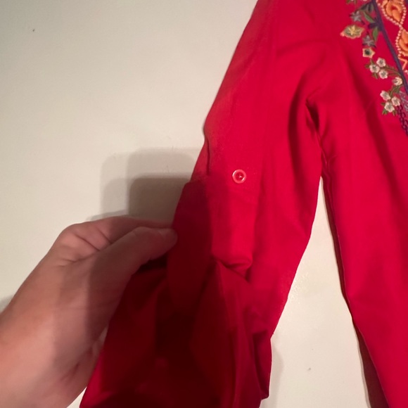 Calessa Red/Multicolored Embroidered Floral Cotton/Linen Boho V-Neck Top NWT S - Picture 10 of 16